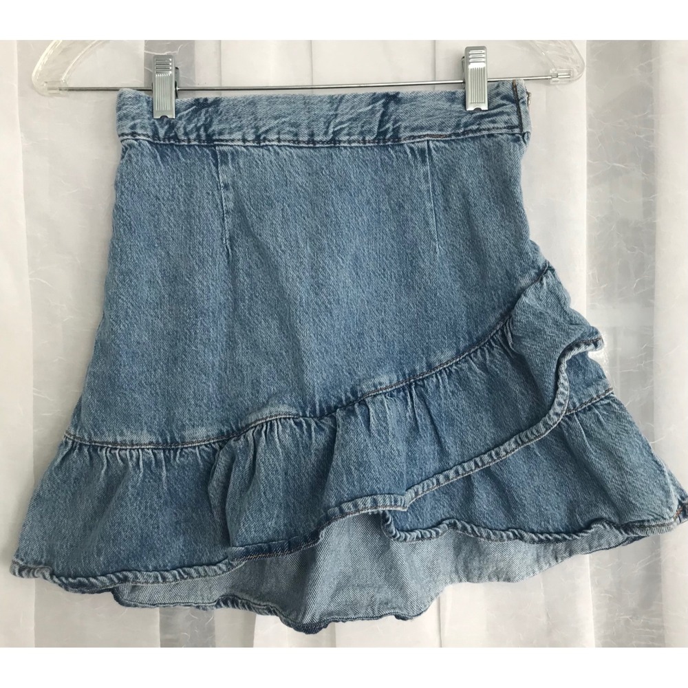 Aeropostale Womens Light Wash Ruffle Denim Mini Skirt Size 0 Blue Asymmetrical